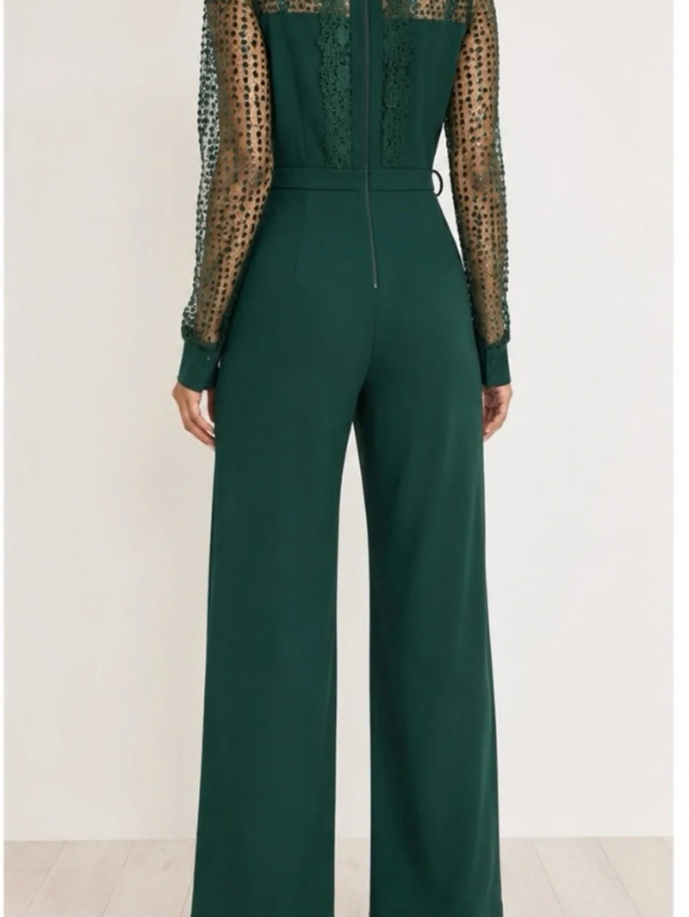 Elegant Forest Green Lace-Yoke Wide-Leg Jumpsuit